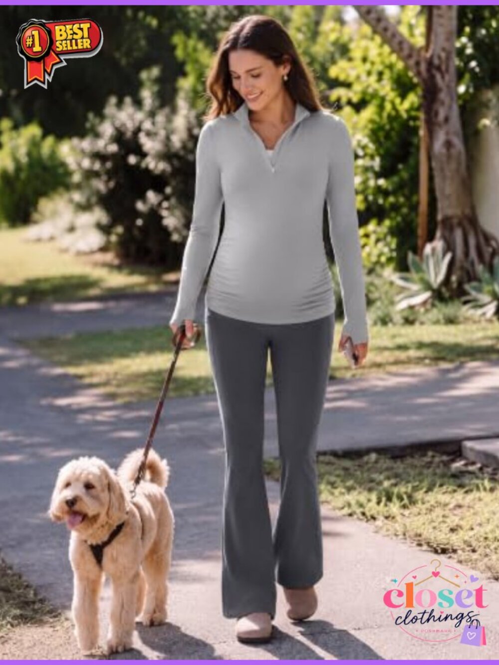 Maternity Long Sleeve Quarter Zip Pregnancy Top UPF 50+ - Picture 4 of 5